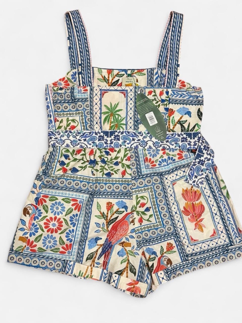 FARM Rio Tropical Tiles Belted Poplin Cotton Romper Jumpsuit size XL NWT - Picture 2 of 7